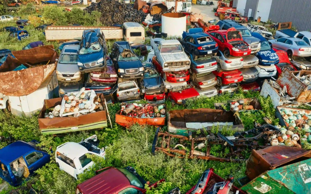 Aerial view of a salvage yard filled with stacked scrap cars, junk vehicles, and auto parts ready for recycling.