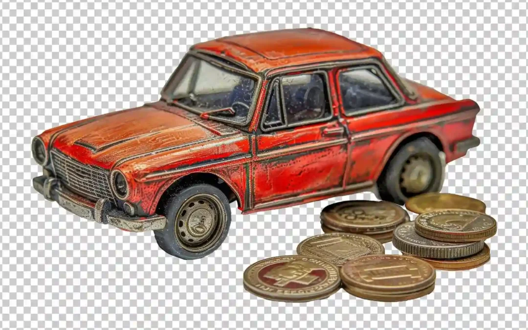 A rusty scrap car in Toronto beside coins representing top dollar paid for scrap auto removal.