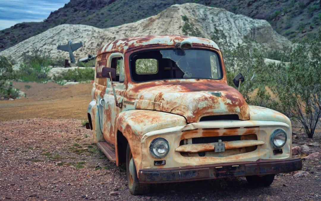 Rusty abandoned scrap truck in desert old junk vehicle, damaged car removal, cash for scrap cars Toronto