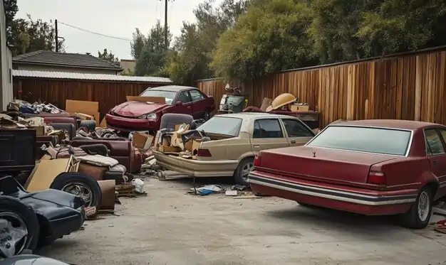 A cluttered junkyard lot filled with old, rusted junk cars and scattered debris surrounded by a wooden fence