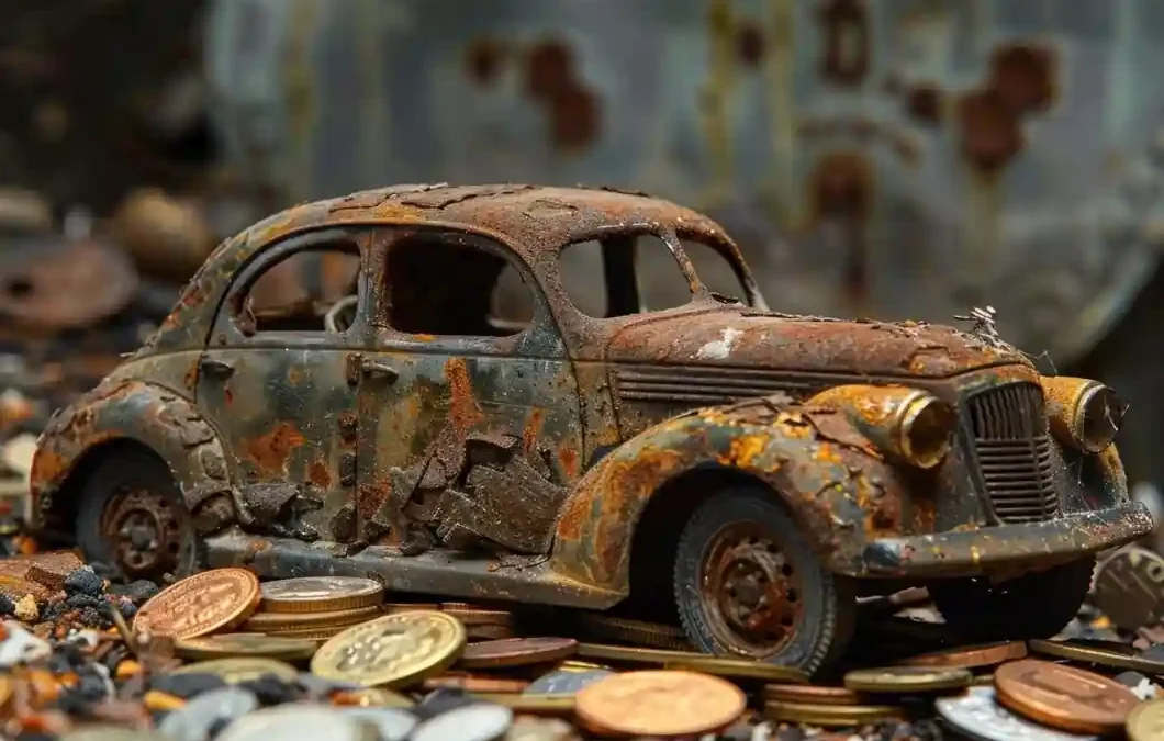 A rusty, deteriorated junk car surrounded by coins, symbolizing hidden cash value in old vehicles