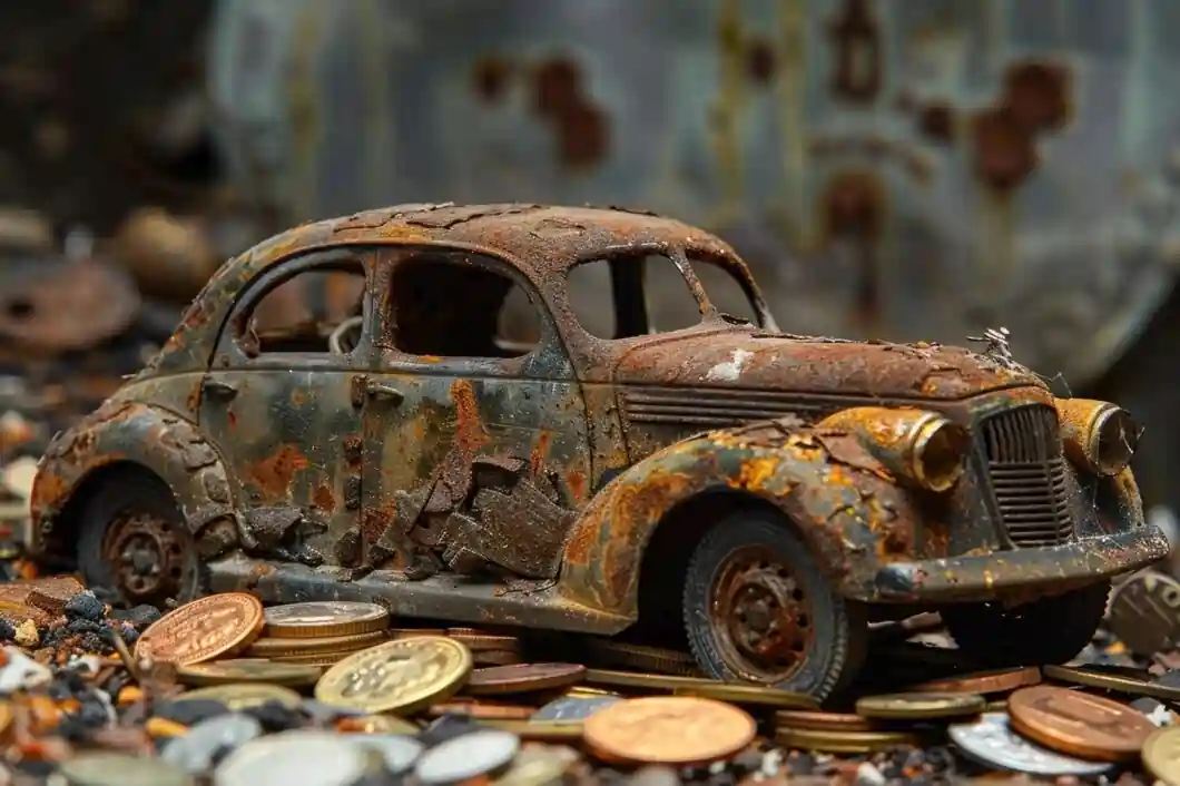 A rusty, deteriorated junk car surrounded by coins, symbolizing hidden cash value in old vehicles