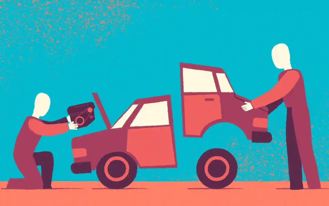 Ontario vehicle scrapping and recycling illustration showing car dismantling, auto parts removal, and legal ELV disposal.