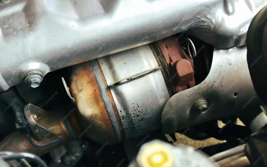 Close-up of a used catalytic converter mounted under a vehicle showing heat discoloration and exhaust parts