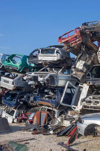 Stacked crushed scrap cars piled high at a junkyard under a clear blue sky, ready for recycling