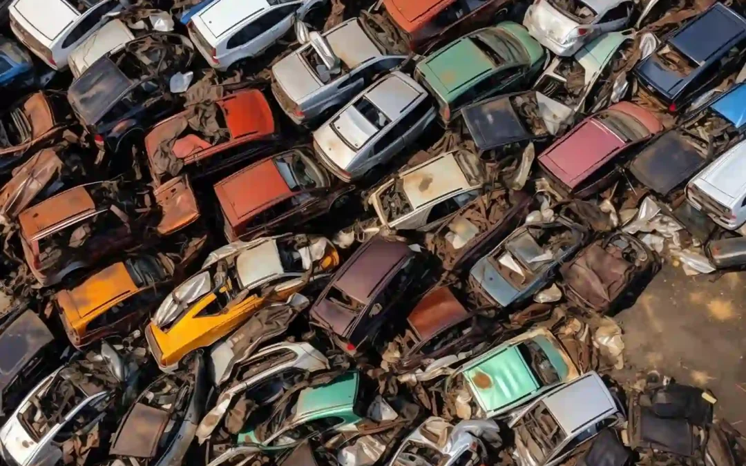 Aerial view of crushed and scrapped cars piled at an auto recycling yard in Toronto, Ontario.