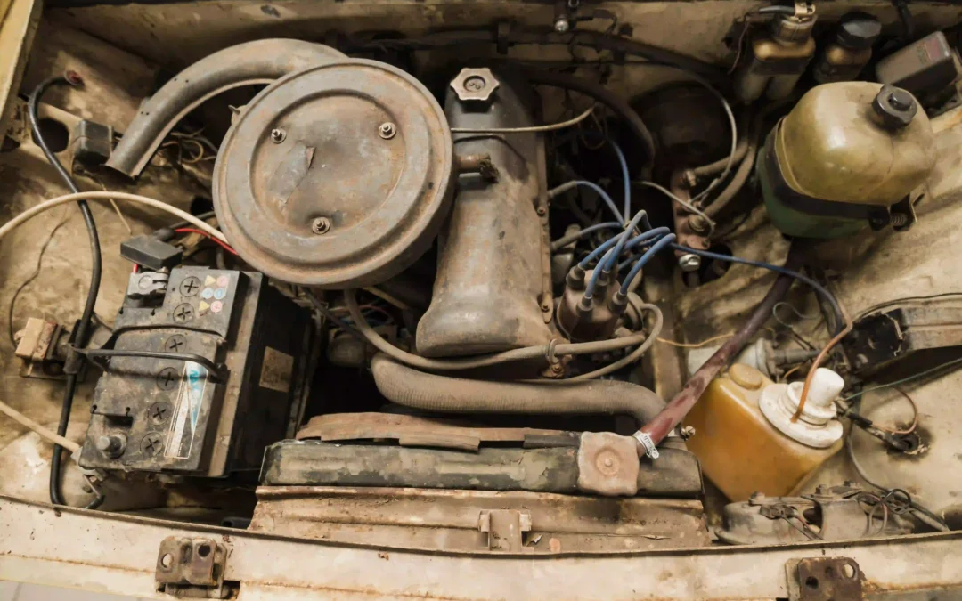 Rusty old car engine bay with a worn lead-acid battery
