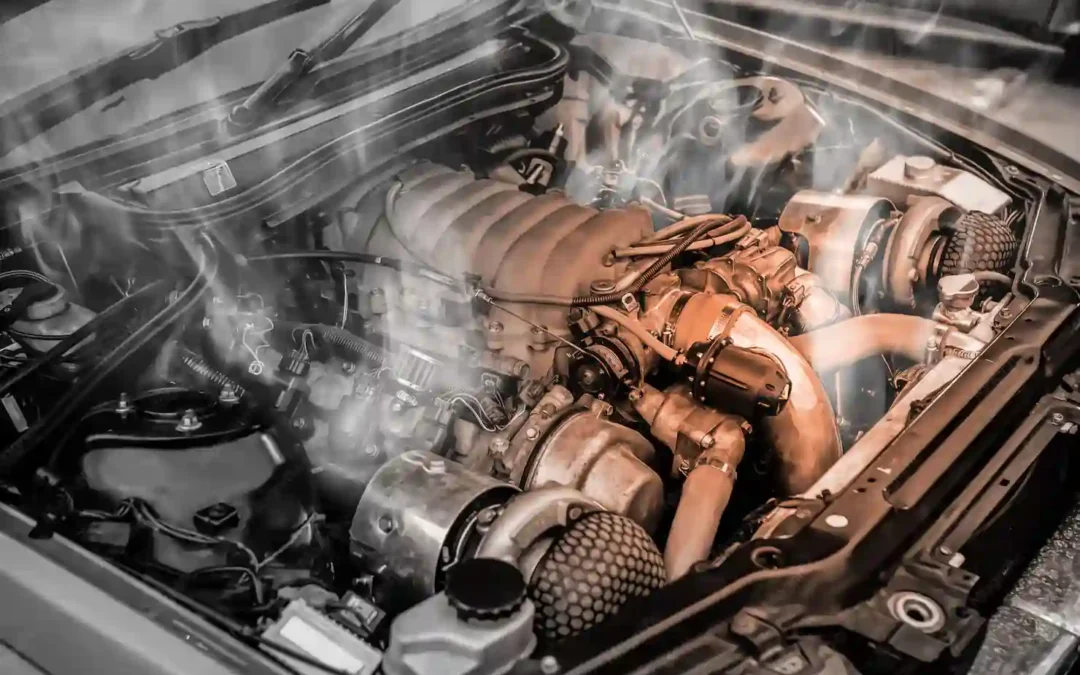 Blown engine under the hood, with heat and smoke showing major mechanical failure and repair risk.