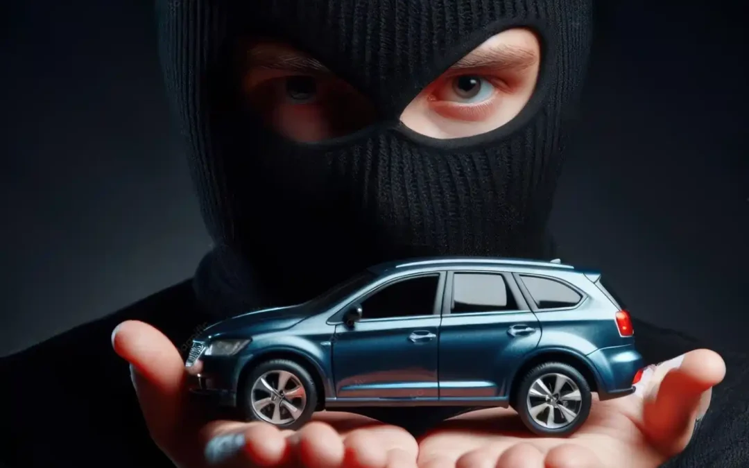 A masked figure holds a miniature car, symbolizing scrap car fraud and the need to spot red flags early.