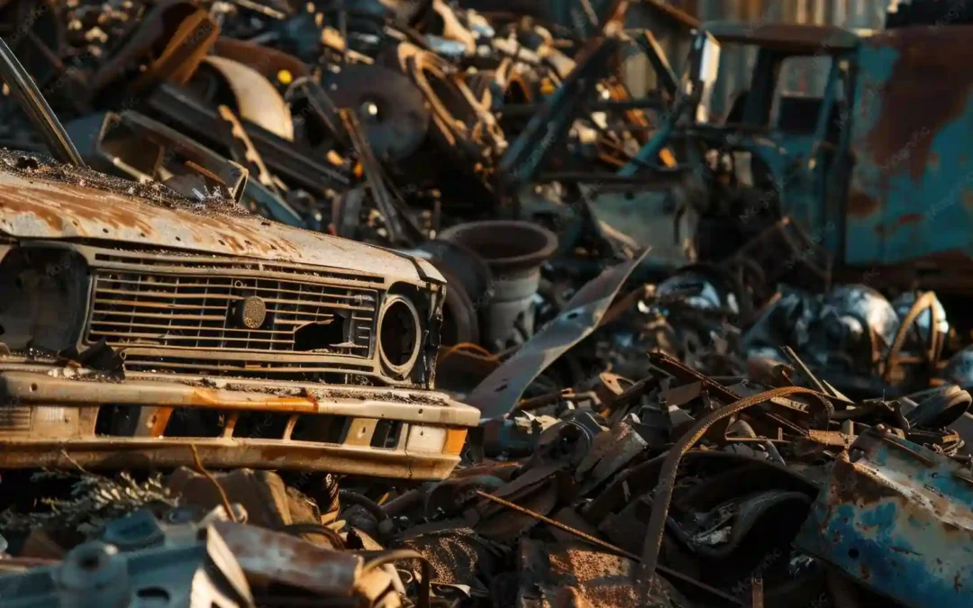 Rusty junk cars and scrap metal piled high in a salvage yard, with a wrecked front grille in focus.