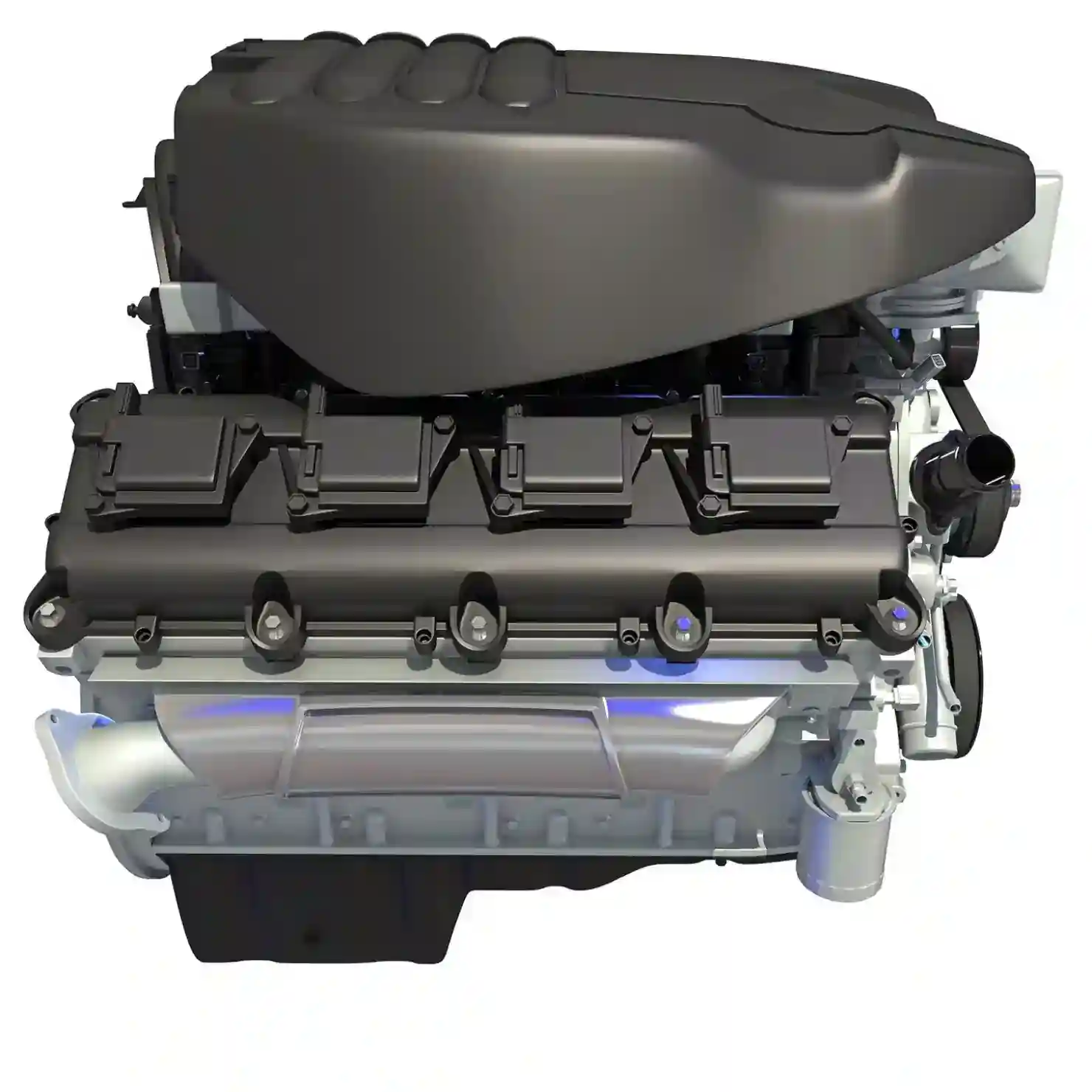 Catalytic-Converter 3D render of a V8 car engine with cylinder head covers, intake manifold, and coils on a white background.
