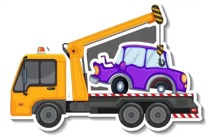 Cartoon sticker of a yellow tow truck lifting a damaged purple car with its crane, illustrating vehicle towing.
