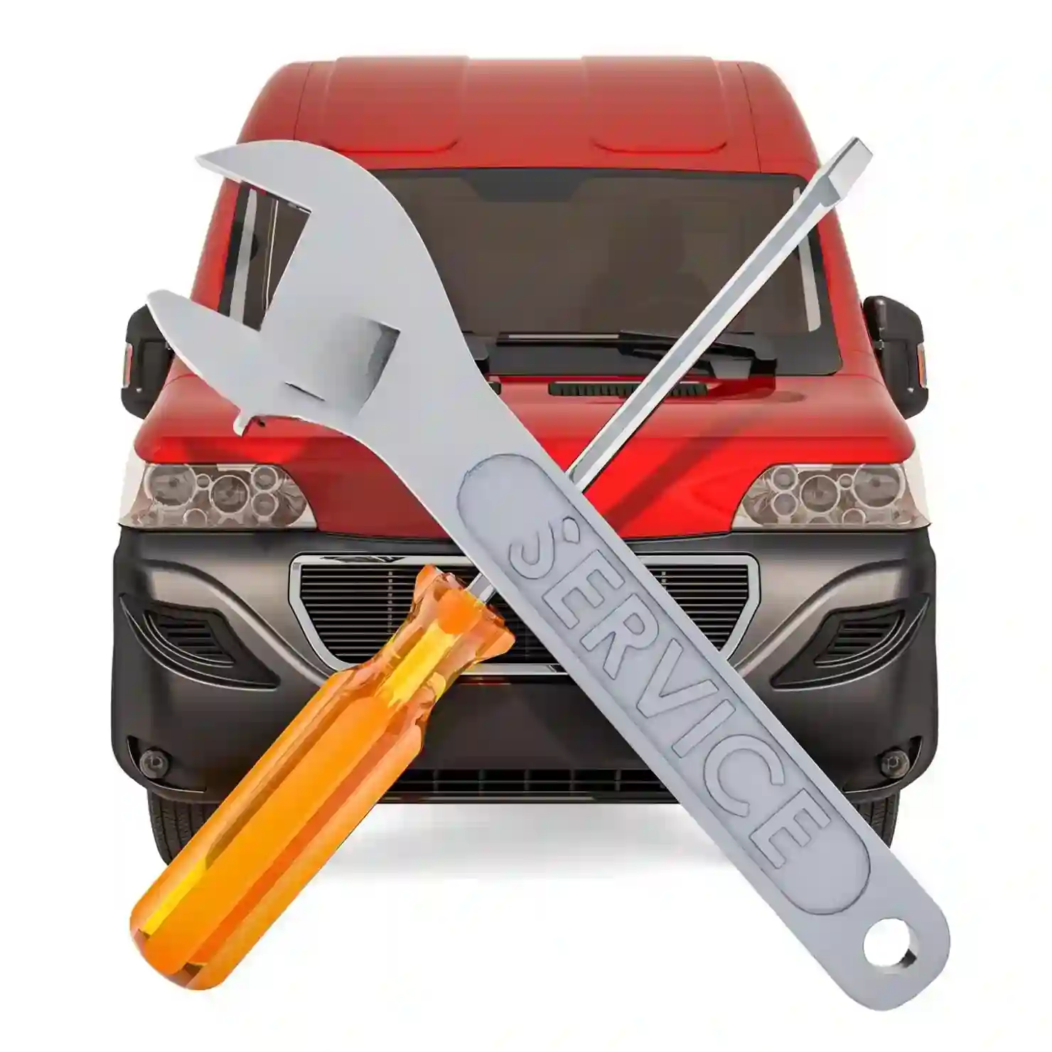 vehicle-condition Red van with a wrench and screwdriver labeled "SERVICE" overlaid, symbolizing vehicle maintenance and repair.