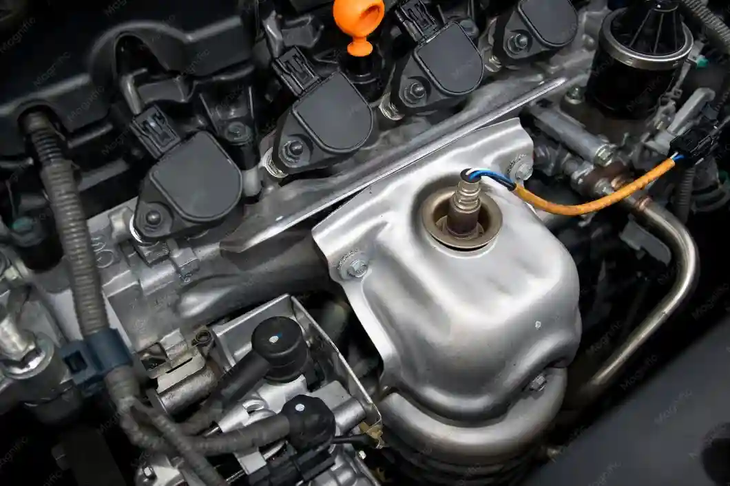Close-up of a car engine bay with metal components, wiring, and what appears to be an electric motor/actuator part visible.